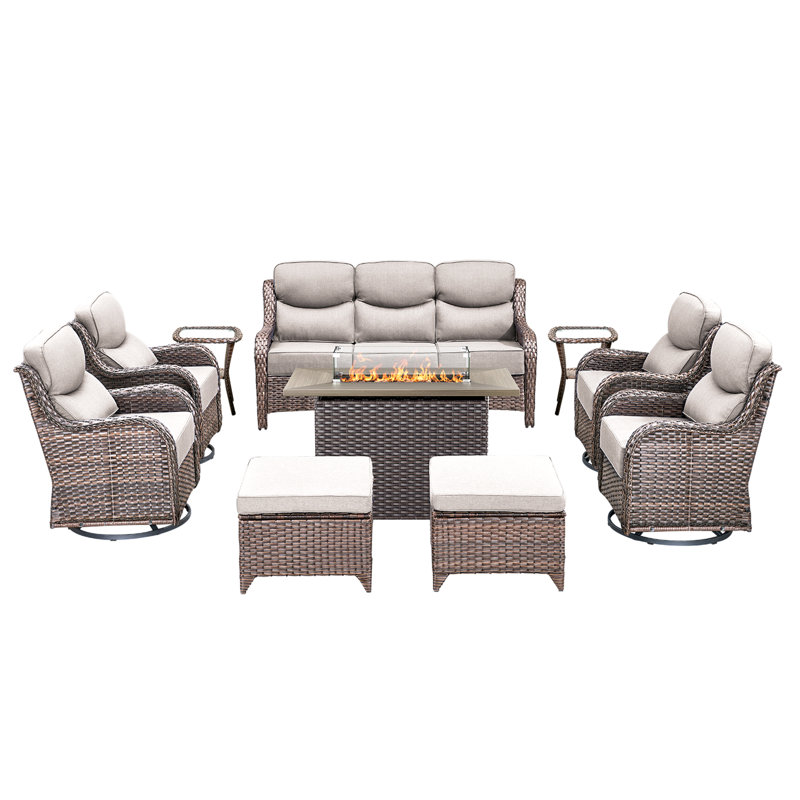 10 Pieces Patio Furniture Set, Outdoor Wicker Sofa Couch With Swivel Chairs 41" Fire Pit Table, All Weather High Back Modern Conversation Sets, Rattan
