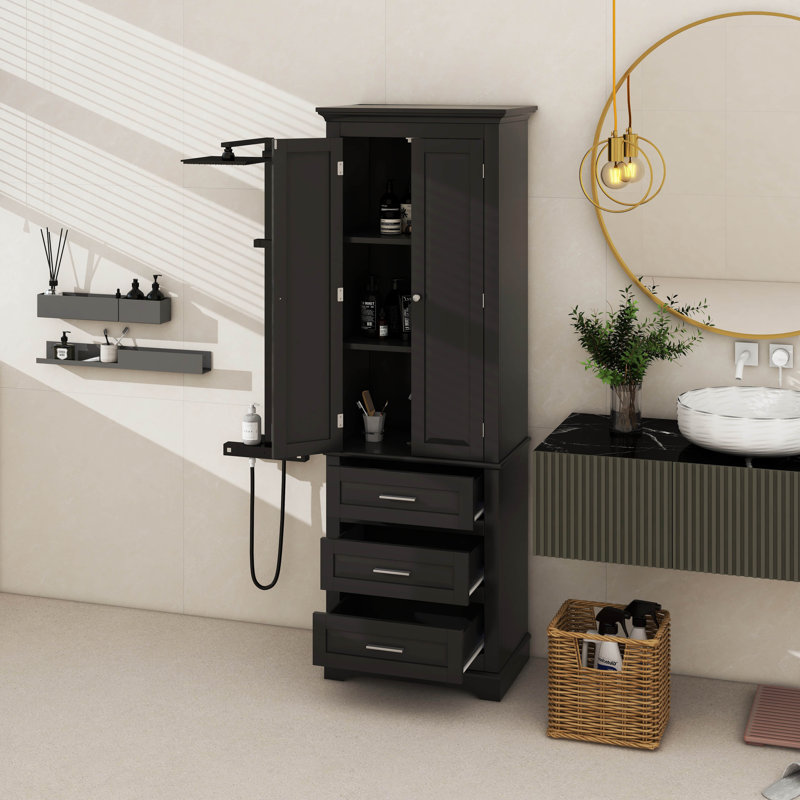 Armoire de rangement autoportante pour salle de bain avec 2 portes, tablette réglable et 3 tiroirs, Noir