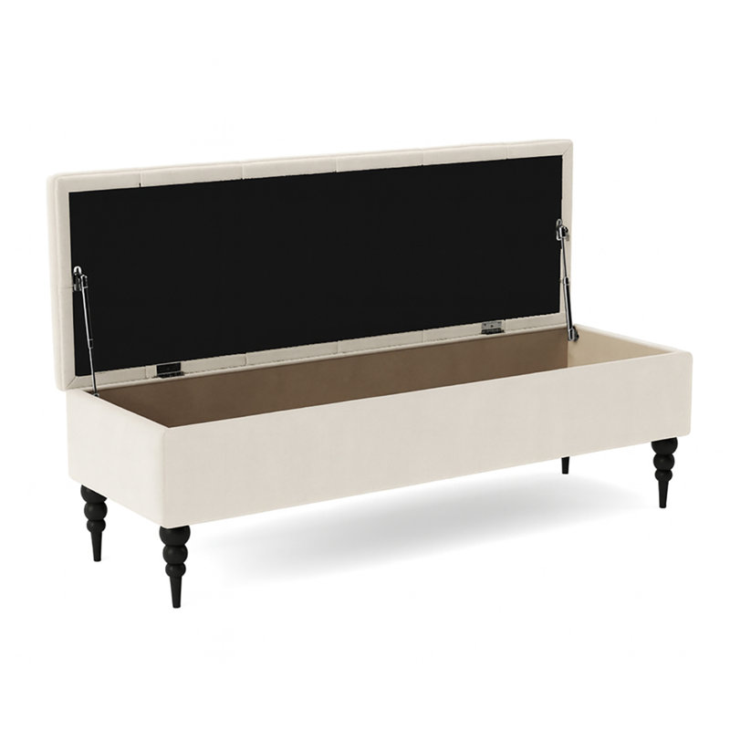Safar Wide Tufted Rectangle Ottoman Storage Bench – Upholstery Plush Velvet Shoe Bench with Black Turned Wooden Legs, Cream