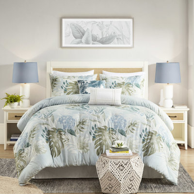 Édredon 6 pièces en coton avec coussin décoratif bleu à imprimé tropical pour une chambre de bord de mer de rêve, facile à nettoyer et lavable à la machine