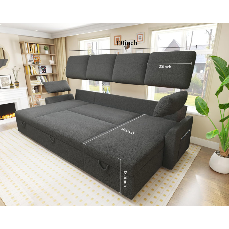 110 Inch Oversized Sofa Bed - 2 In 1 Pull Out Sleeper Sofa With Sectional And Double Storage Chaise, Gray Boucle