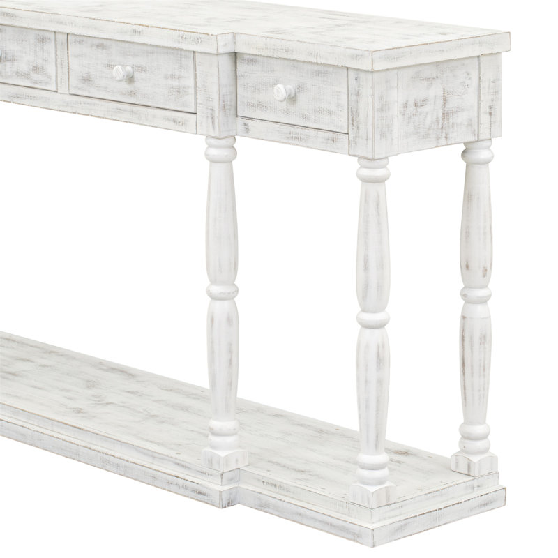 Console, table d'entrée, table de couloir avec 4 tiroirs de rangement en façade et 1 tablette Craman 63,03, Blanc antique