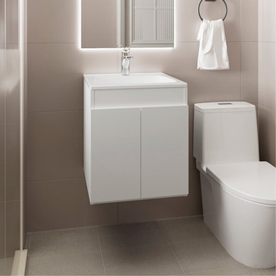 Meuble-lavabo de salle de bain Mek45 avec deux tiroirs et tablette ouverte, rangement mural, blanc