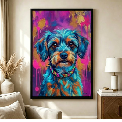 24" x 36" Black Framed Canvas Wall Art Colorful dog portrait with vibrant paint splashes, Pop Art style. Print on Canvas for Living Room Bedroom