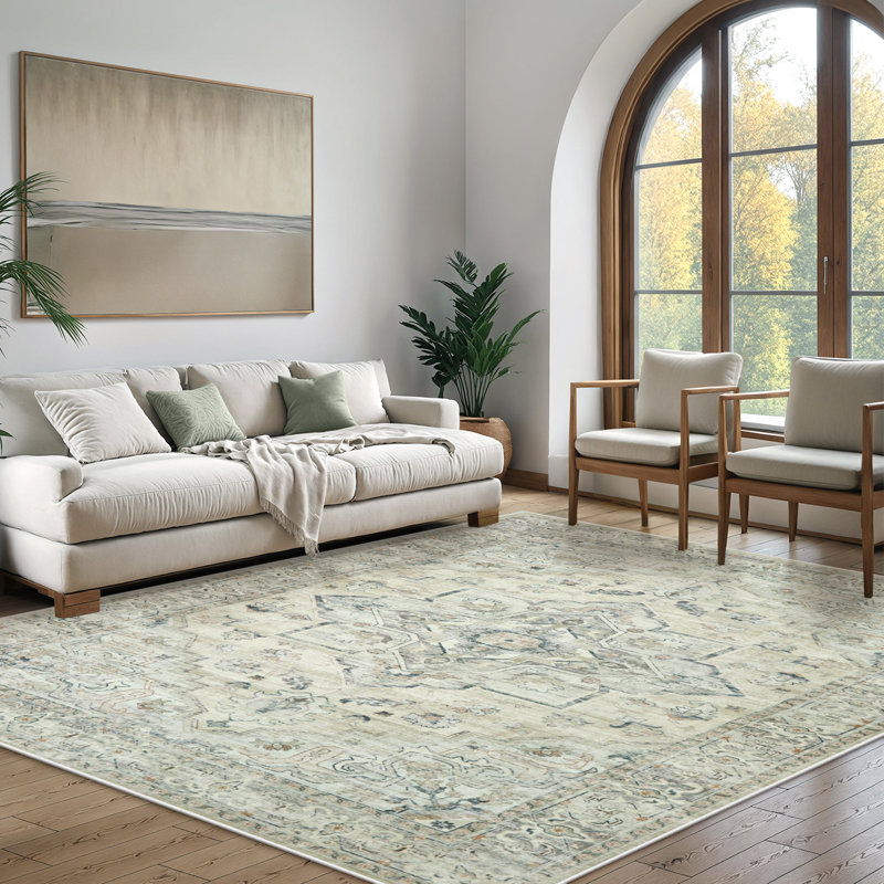 Watte Vintage Moroccan Washable Area Rug, Non-Slip Backing Low Pile Indoor Rug for Living Room, Bedroom, Dining Room or Office
