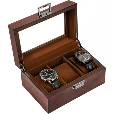 Wooden Watch Box For Men, Fathers Day Gift For Dad,Watch Display Case Mens Watch Box Organizer, Wood Watch Case For Men Watch Storage, Watch Holder Organizer With Glass Lid -3 Slot, Espresso