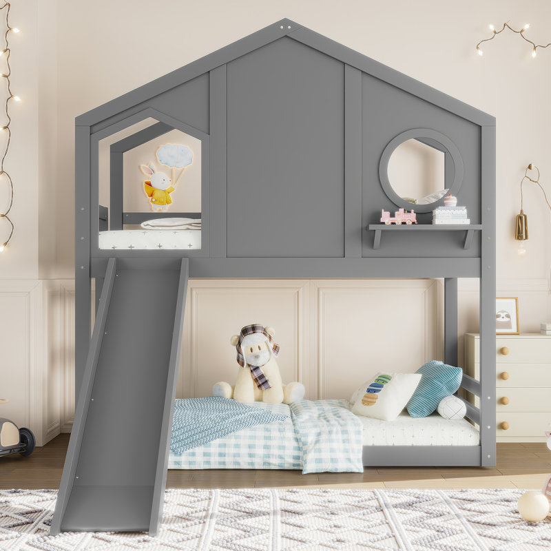 Twin House Loft Bunk Bed with Slide & Storage Shelves, Solid Wood Kids Bed with Window Playhouse Design, Gray, Gray