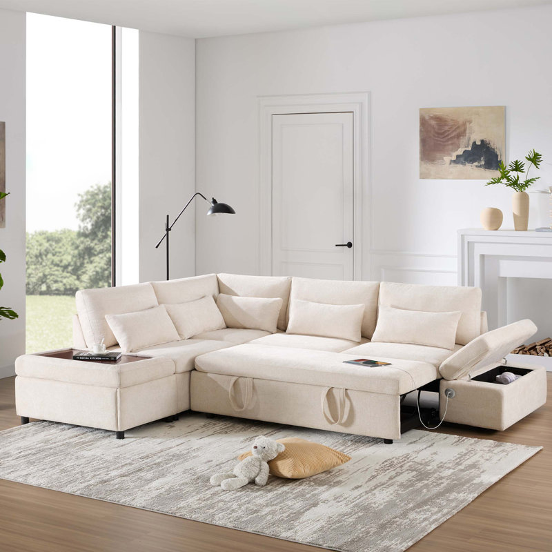 Canapé-lit modulaire de 107 po avec canapé-lit en forme de L, accoudoirs réglables en L, charge USB et de type C, repose-pieds avec rangement à mouvement libre, combinaison gratuite pour le salon et l’appartement, chenille