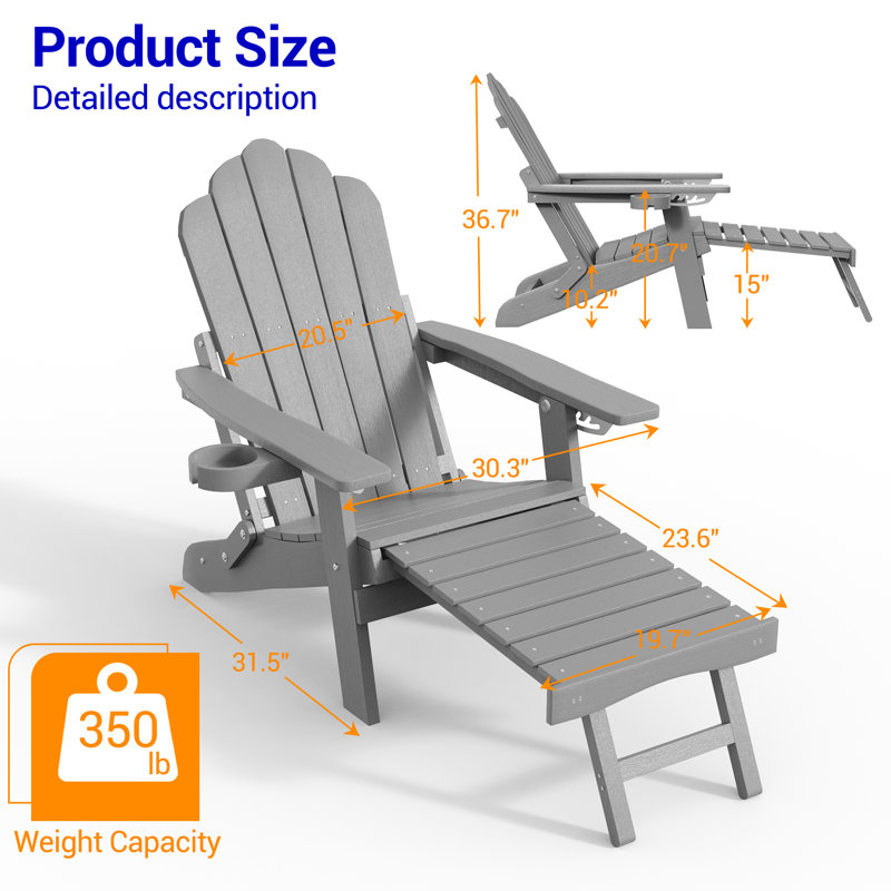 Folding Adirondack Chair with Cup Holders, Fire Pit Chair with Retractable Ottoman, Multifunctional HIPS Chair for Patio