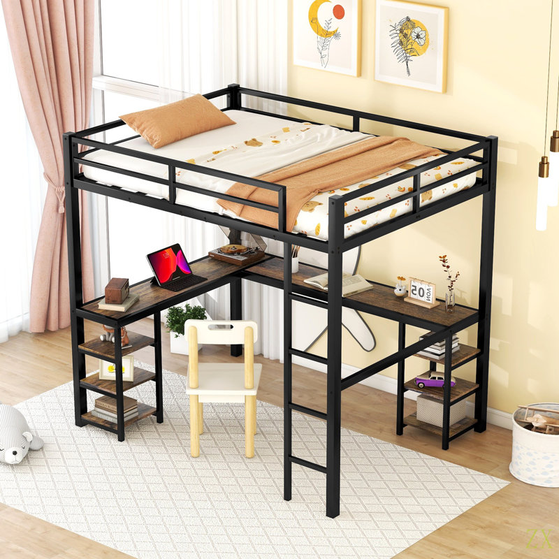 Lit mezzanine double en métal avec bureau et tablettes, lit mezzanine avec échelle et garde-corps, cadre de lit mezzanine pour chambre à coucher