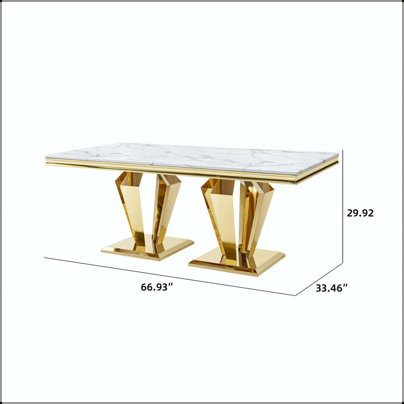Table de salle à manger en MDF et marbre blanc avec base dorée en forme de losange