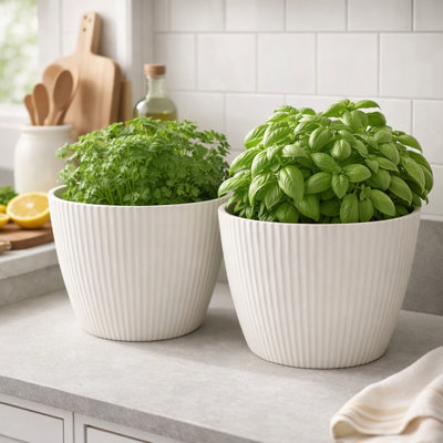 Modern Round Plastic Planter Set, 11 inch White Pair of Flower Pots with Drainage Hole, Home Office Garden Decor