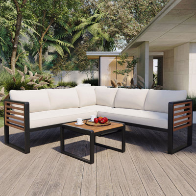 4 Pieces Outdoor Patio Conservation Set, Metal And Wood Frame Sectional L-Shaped Sofa With Soft Cushion And A Coffee Tables For Garden, Backyard, Porch And Deck, Beige