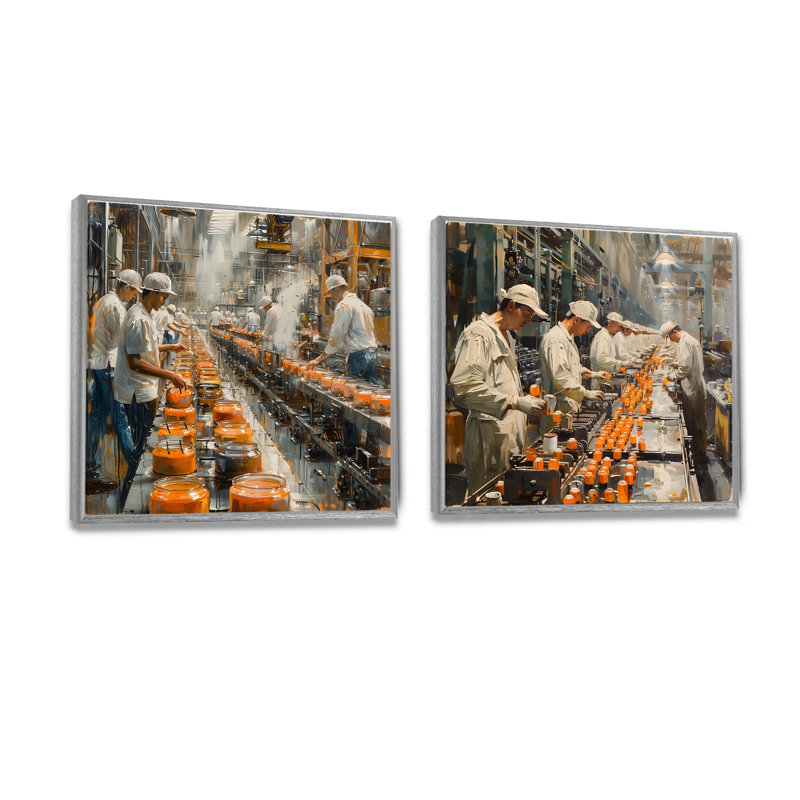 Orange blanc, ligne d'assemblage, usines, art mural I - usines, H 30 po x l 61 po, Impression encadrée flottante