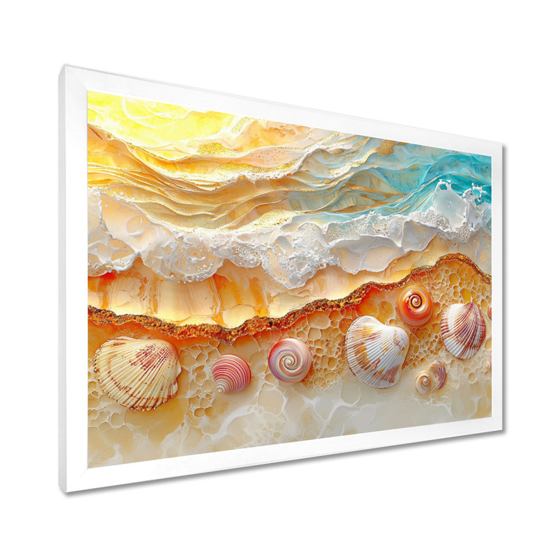Abstrait coquillage et plage vue aérienne I - art mural sur toile bord de mer, H 30 po x l 40 po, Avec cadre, Blanc