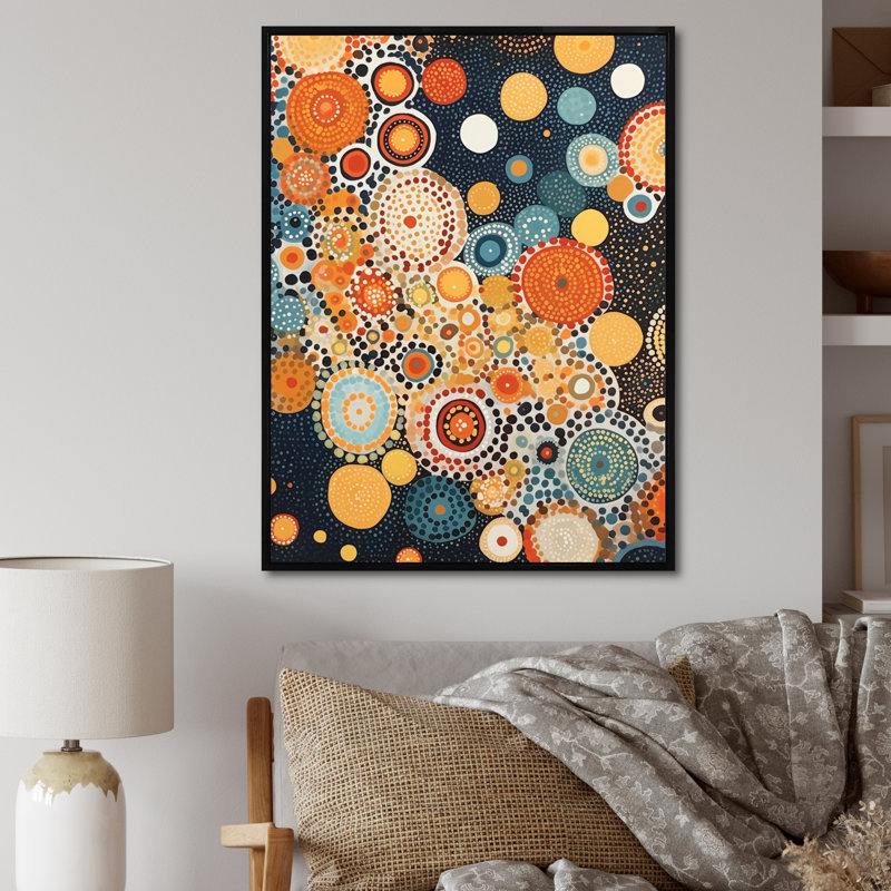 Aborigène circulaire à pois, composition d'ambre sur toile, Cadre flottant noir, H 44 po x l 34 po x P 1,5 po