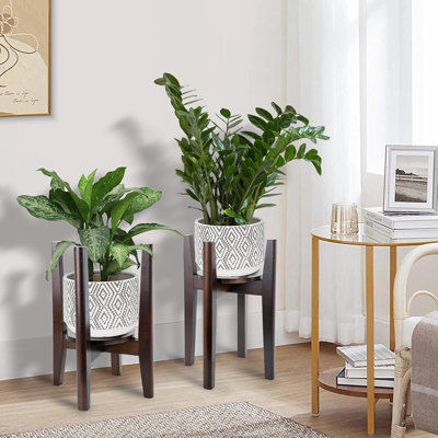 Ensemble de 2 supports à plantes ajustables avec plateau, support en bois pour plantes d'intérieur, compatible avec les pots de 20 à 30 cm, noir