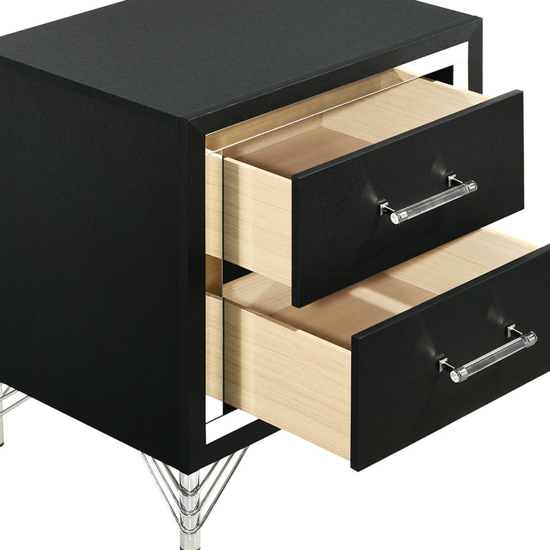 Table de chevet moderne 2 avec finition noire brillante et gestion des articles de chevet avec finition, pieds en épingle pour une organisation personnelle