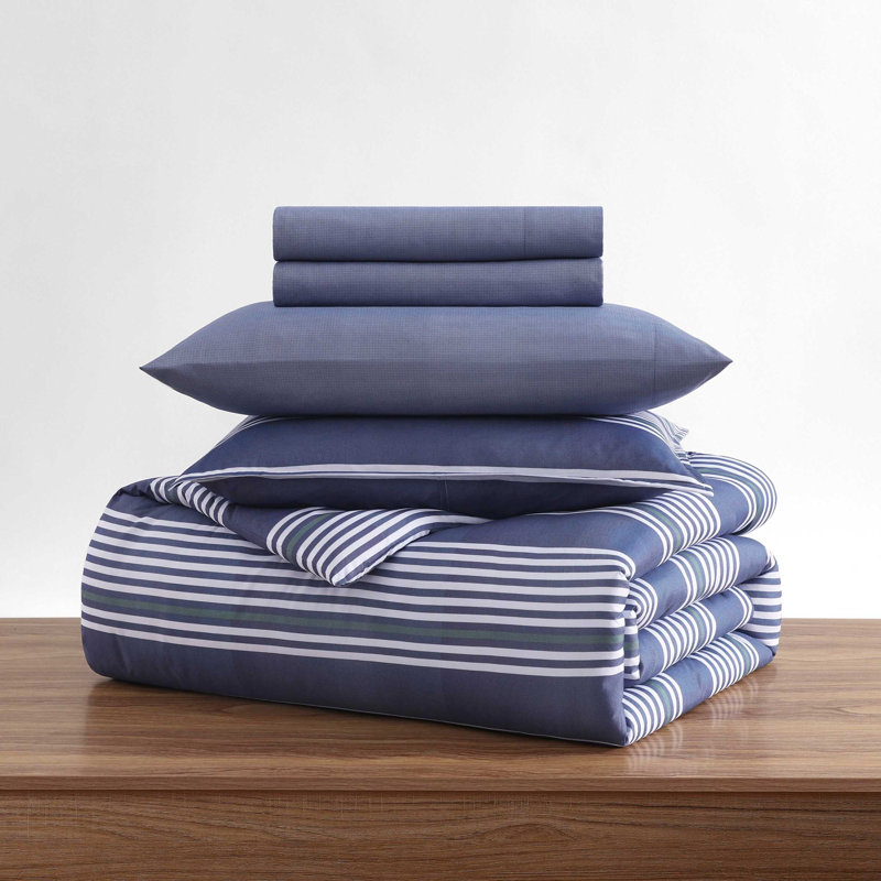 Ensemble d'édredon réversible bleu foncé Tommy Hilfiger, Édredon de grande taille et 6 pièces supplément, Bleu rayé 1