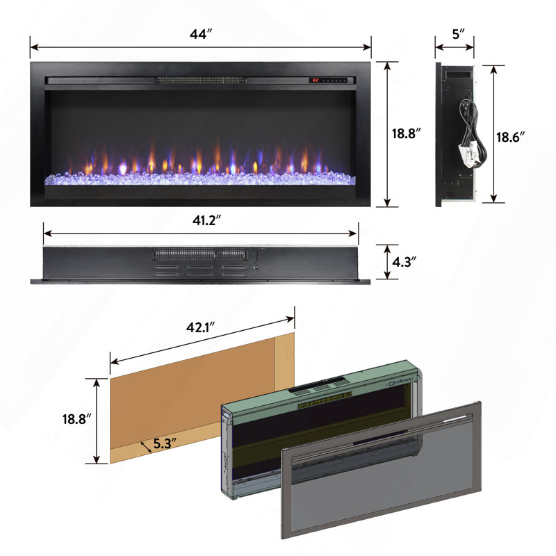 44" In Wall Recessed Electric Fireplace With Remote And Multi Color Flame And Ember Bed, LED Light Heater