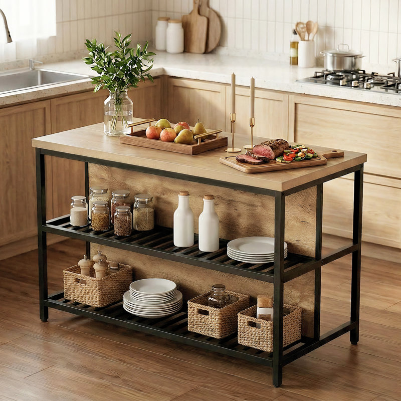 55" W Kitchen Island with Two Storage Shelves and Large Worktop