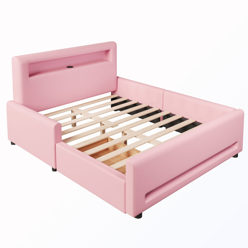 Lit double tapissier pleine grandeur avec tiroir et bande lumineuse à DEL et port USB, Pink
