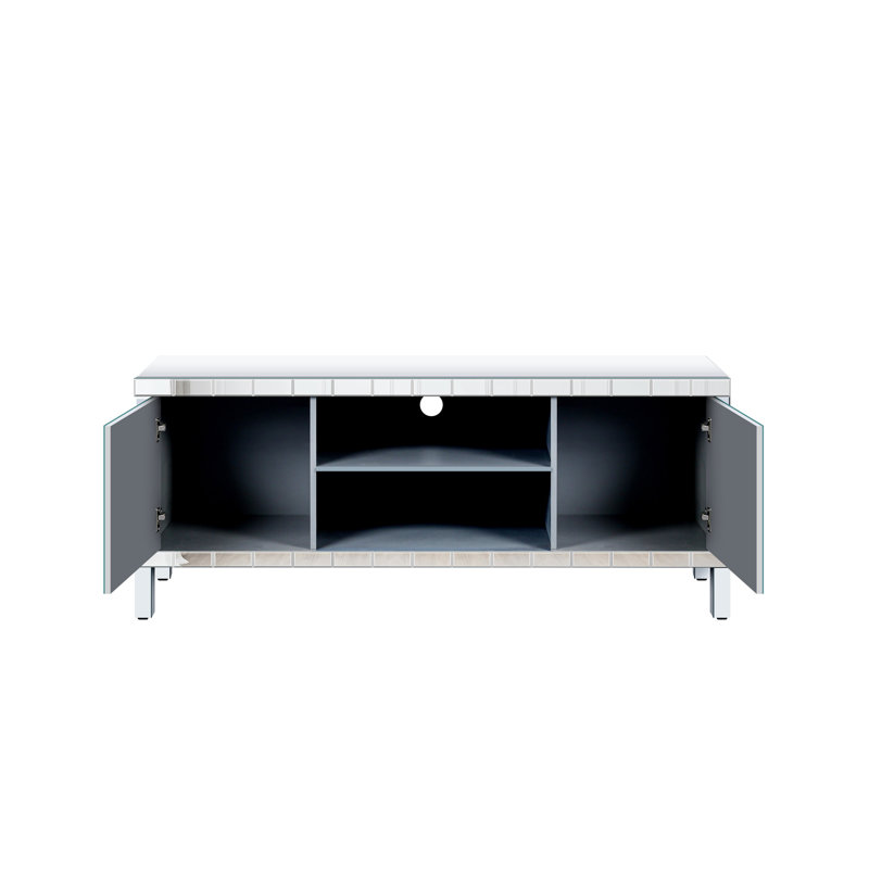 Meuble télé moderne avec miroir pour téléviseurs de 65 pouces et plus, console argentée avec 2 espaces de rangement et tablette ouverte, téléviseur dans le salon, console à 2 armoires, élément
