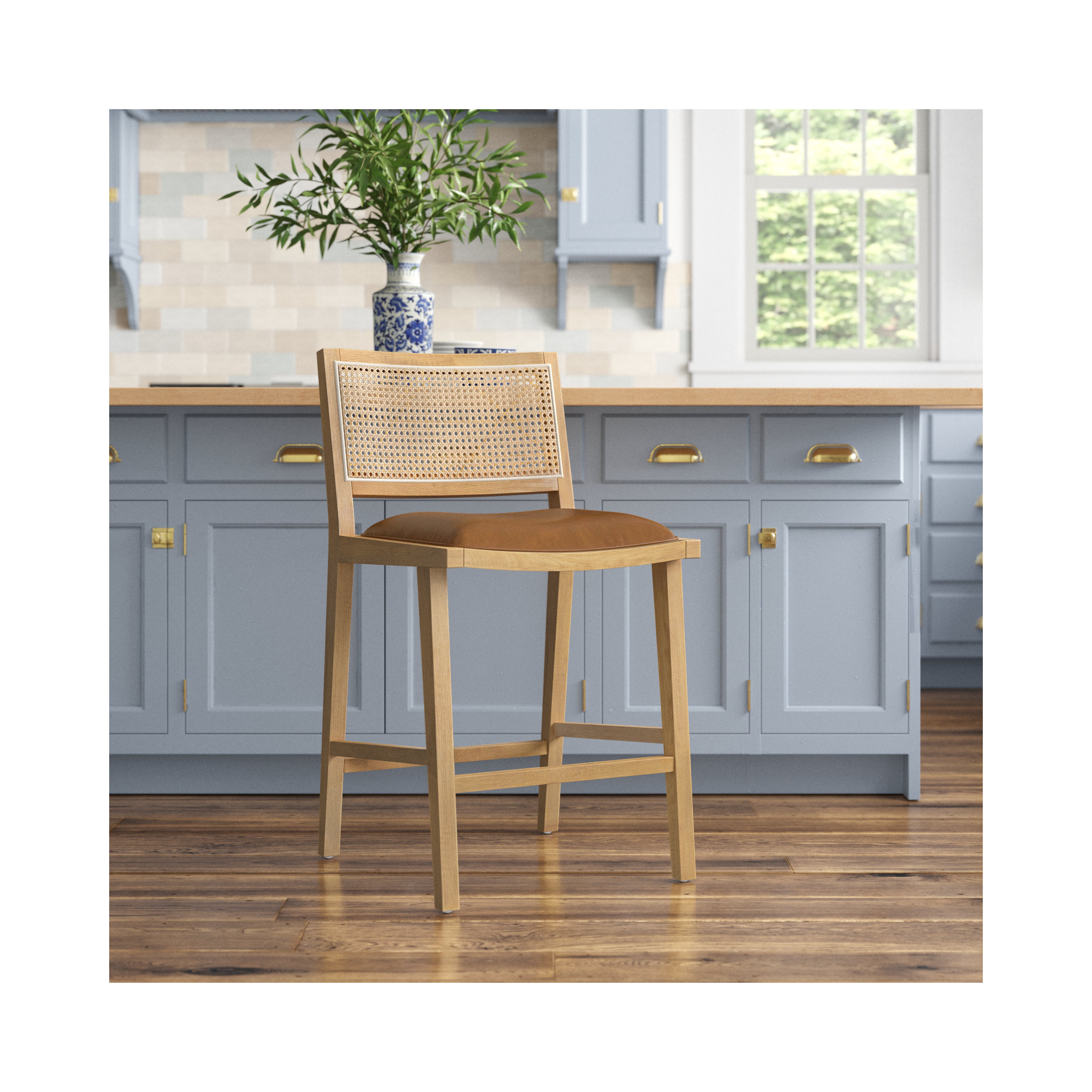 Miraz Cane Stool, White Polyester Blend, Counter Stool (27” Seat Height)