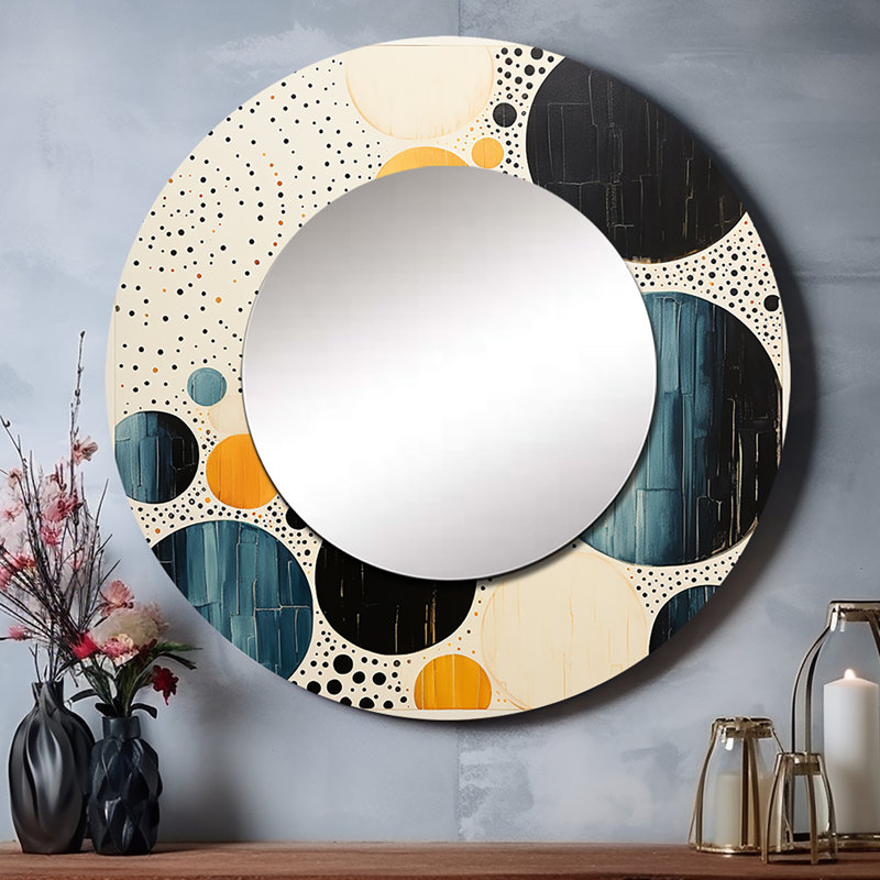 Yellow Blue Mid Century Minimalist Masterpiece - Abstract Collages Round Mirror Wall Decor, 29" x 29"