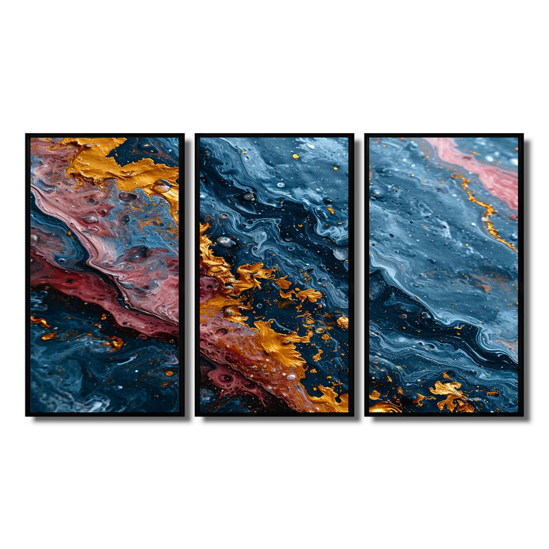 Deep Blue Ocean Sunshine - ensemble d'impression d'art mural en marbre, H 28 po x l 36 po x P 1 po, Cadre flottant noir