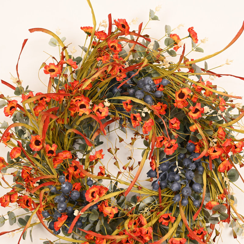 Couronne de 26 po Eucalyptus rustique artificiel baie orange brûlé coquelicot sauvage, Blue