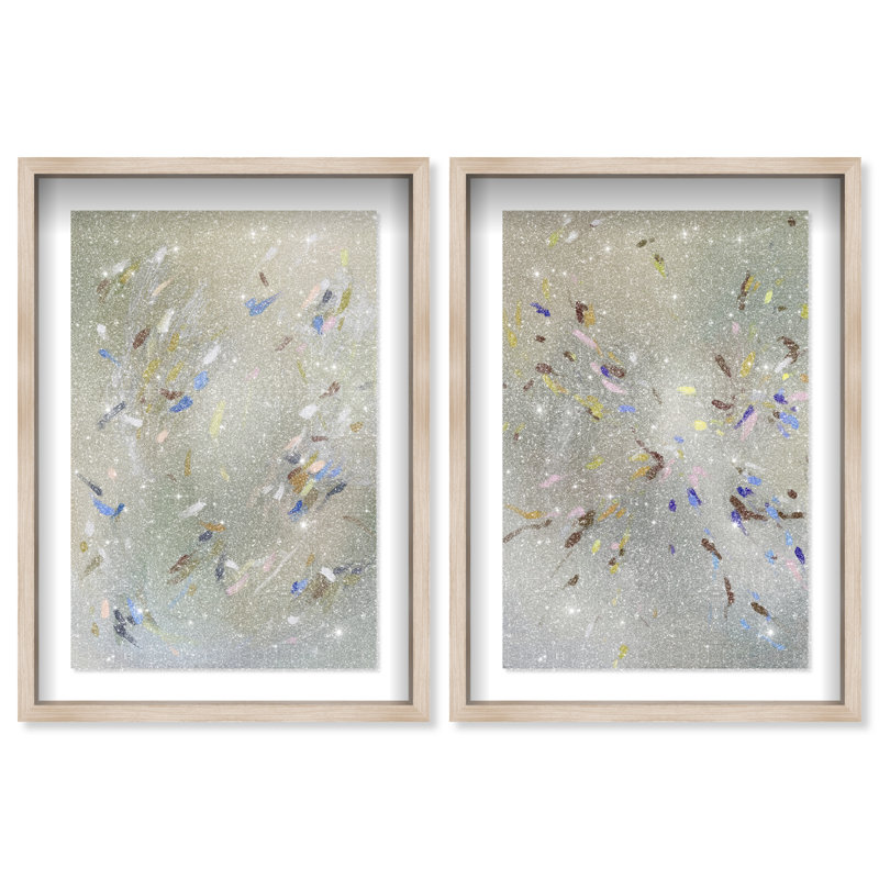 Spontaneous Traces Set Shadowbox Abstract Print by Oliver Gal, Black Frame, 10 x 15, 62"H x 42"W, Natural Oak Shadowbox
