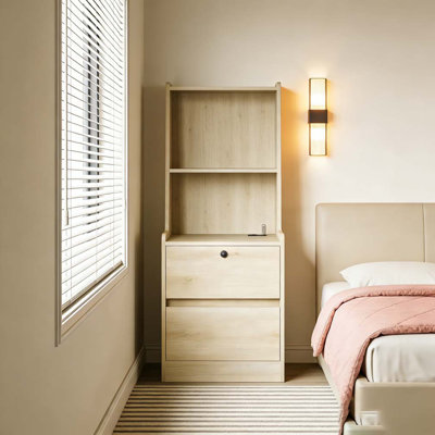 Smart Nightstand with Night Light, Modern Night Stand with Bookshelf
