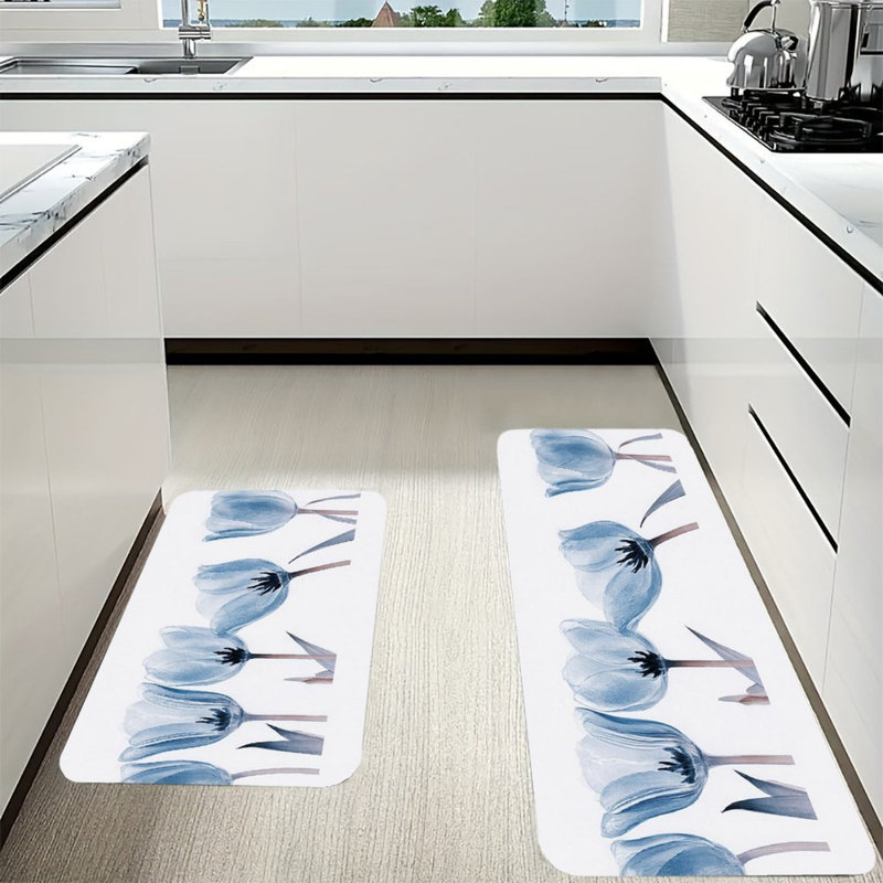 Ensemble de 2 tapis de cuisine tulipes bleues