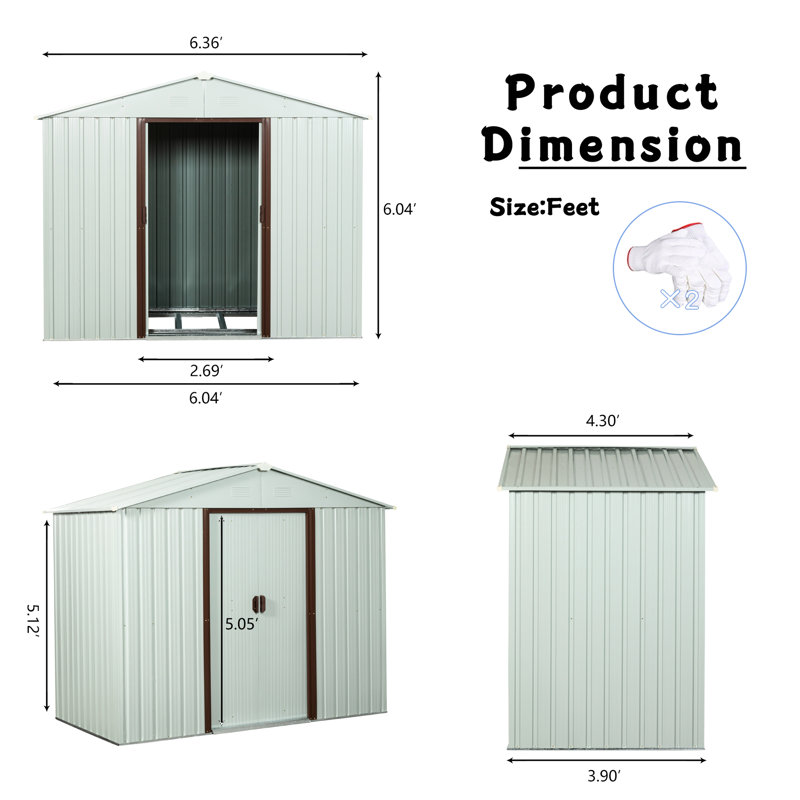 Remise de rangement en métal de 6 pi x 5 pi avec fondation, structure en fer galvanisé blanc, panneaux protégés, fentes de ventilation, cadenas de porte coulissante, base de procédure d'assemblage facile, fabrication en acier robuste,