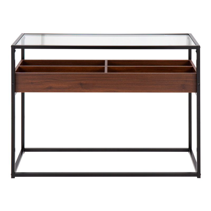 Contemporary Console Table With Black Metal Frame, Walnut Wood, And Clear Glass | Gift Idea, Brown