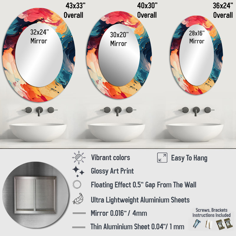 Artistique, couleurs pastel abstraites - miroir ovale multicolore, H 40 po x l 30 po