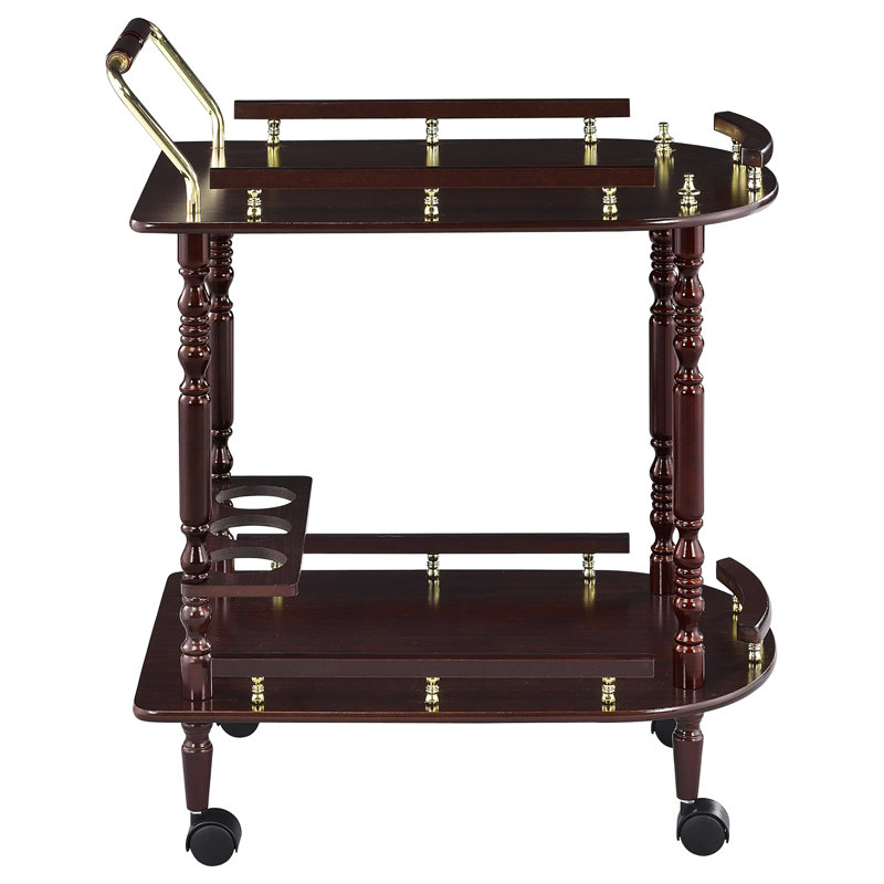 Chariot de service traditionnel en laiton à 2 étagères avec porte-bouteilles spacieux, idéal pour une salle à manger fonctionnelle.
