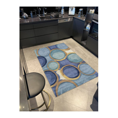 Machine Washable Ringed Patterned Blue Woven Base Area Rug