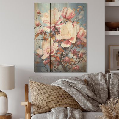 Sérénade de magnolias bleus et roses - Art mural en bois de magnolias sur bois de pin naturel