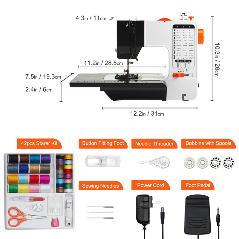 Machine à coudre, machine à coudre portative pour débutants avec 38 points intégrés et couture inversée, machine à coudre à deux vitesses avec pédale de table d'extension, trousse d'accessoires Voyage à domicile