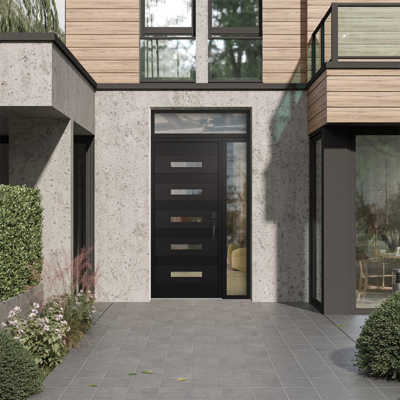 D9 48 po. X 96 po Panneau en acier noir et verre transparent noir et noir avec porte d'entrée avant en verre Sidelite et Transom