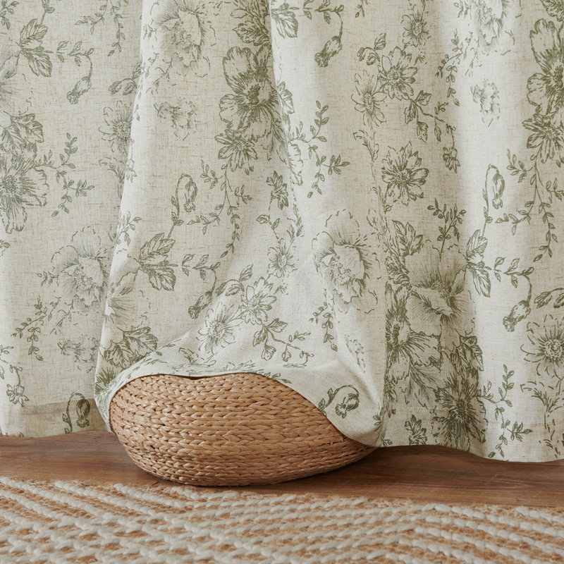 Linen Blend Pinch Floral Curtains with Hooks Curtain Pair, 40" W x 84" L, Pleated Green