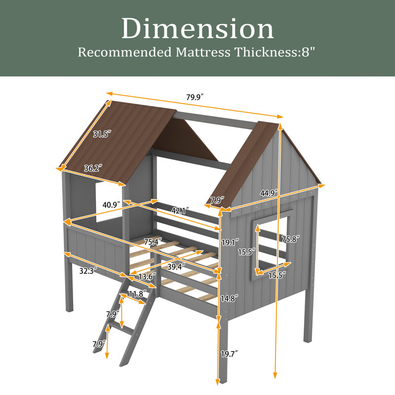 Alduina Kids Twin Loft Bed, Brown/Gray