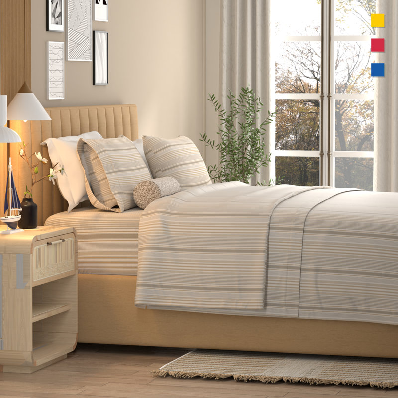 100% Cotton Lightweight Percale Weave Sheet Set, Queen Sheet Set with 2 Pillowcases, Textured Stripe Natural Striped