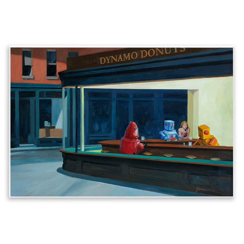«Robots in Donut Shop», plaque murale par Eric Joyner, H 13 po x l 19 po