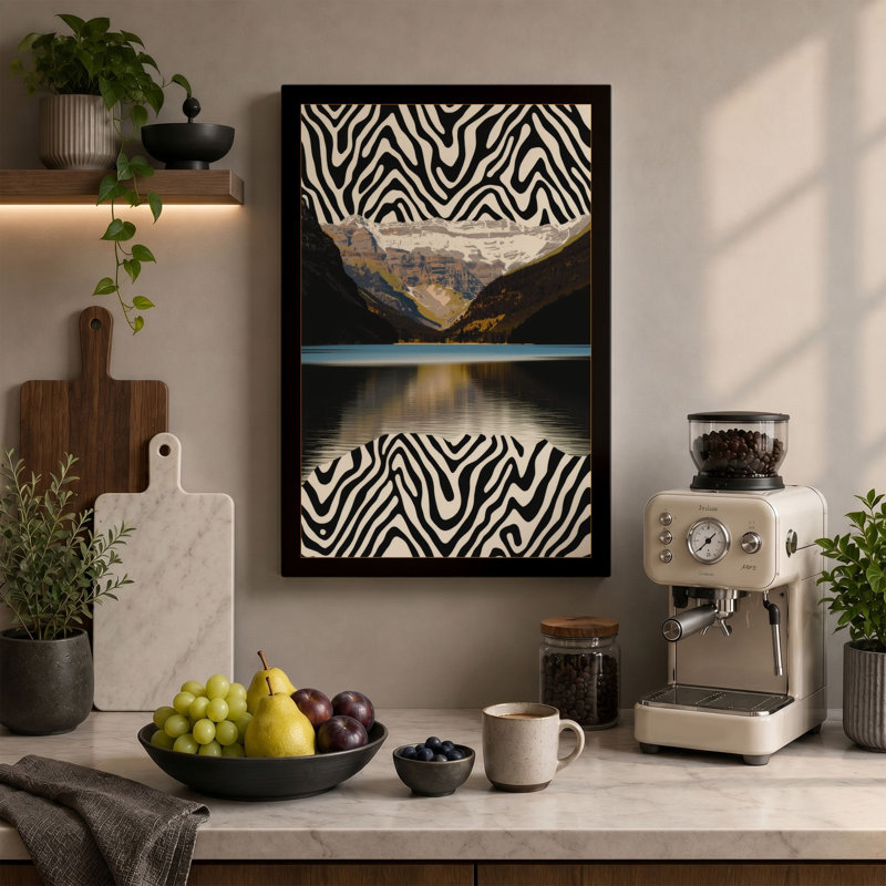 Mountain Between Stripes Eclectic 1 Piece Wrapped Canvas Wall Art, 30x20 - 76.2 x 50.8 cm, Taupe Border