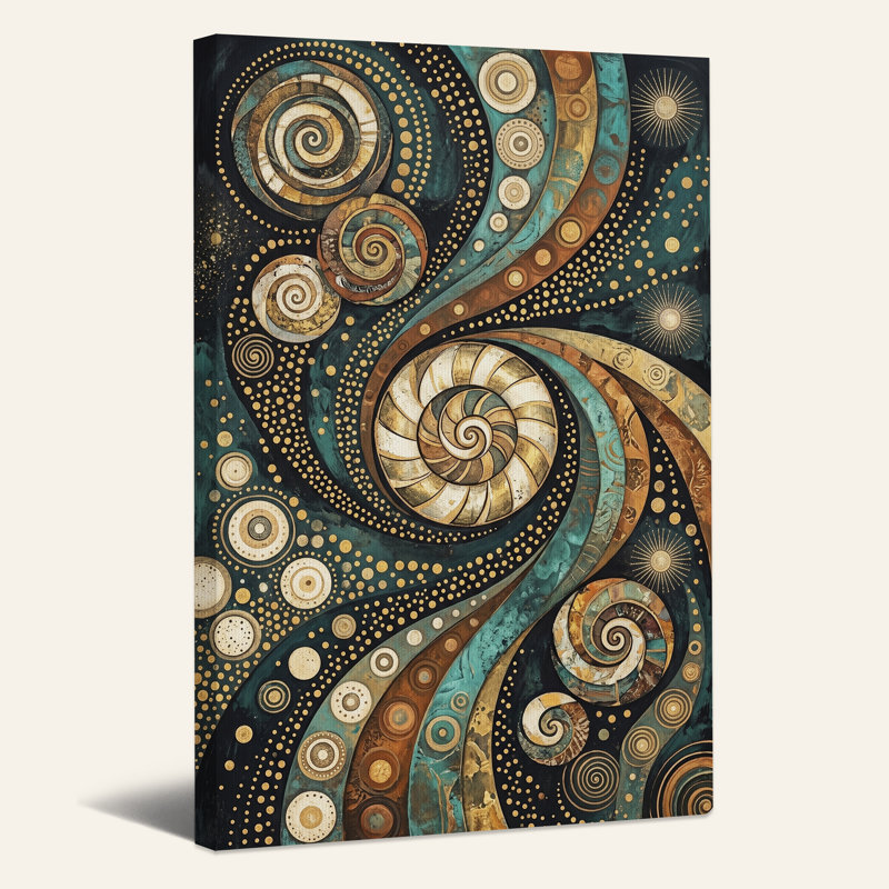 Toile murale à spirales tourbillonnantes turquoise et or, 48"H x 32"W
