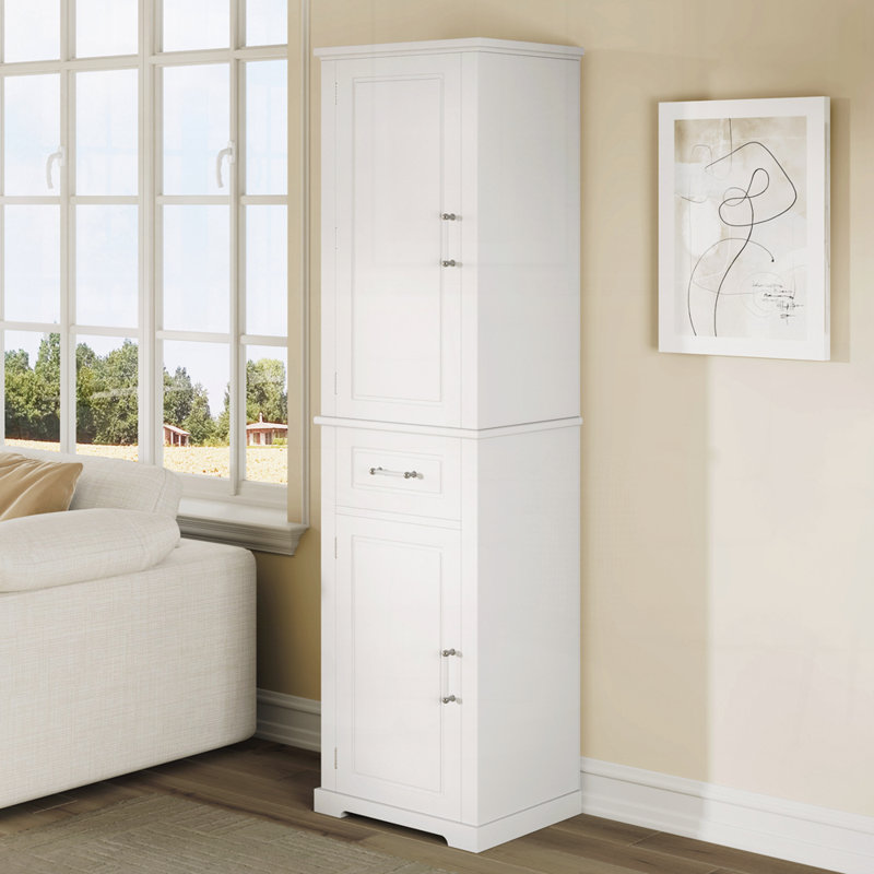 Tall Bathroom Storage Cabinet, Freestanding Storage Cabinet with Two Different Size Doors and Adjustable Shelf, White