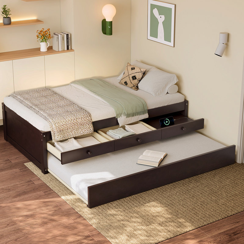 Lit plateforme simple avec lit gigogne et 2 tiroirs, lits en bois massif avec barre d'alimentation, espresso, Simple